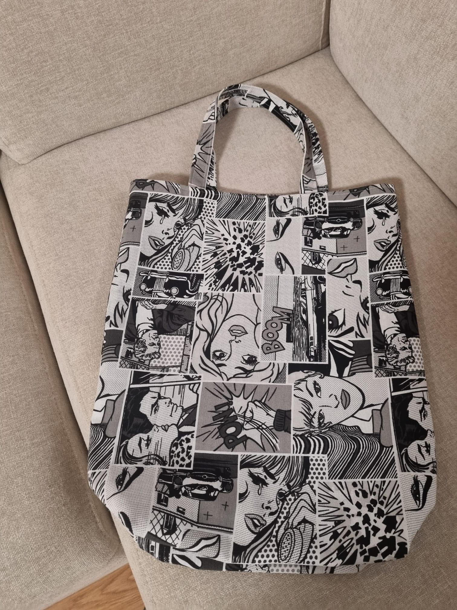 Bolsa tote de tela con estampado cómic en blanco y negro