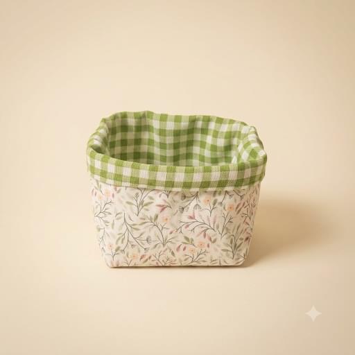 Cestita de tela con estampado de florecitas sobre fondo crema y borde vuelto de cuadros vichy verdes, vista de frente sobre fondo liso