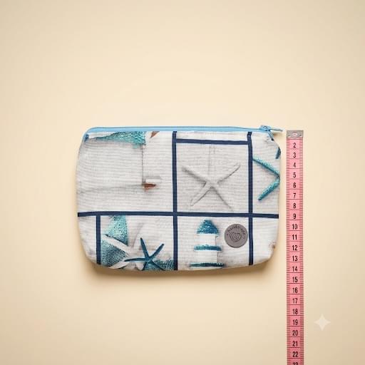 Funda plana con cremallera azul celeste y tela de cuadrícula marinera con estrellas de mar turquesa, junto a una cinta métrica que marca unos 13 cm de alto